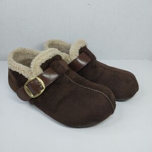 Women's Brown Faux Suede Clogs Slippers Buckle Size 8 Slip on Lined Flats Shoes